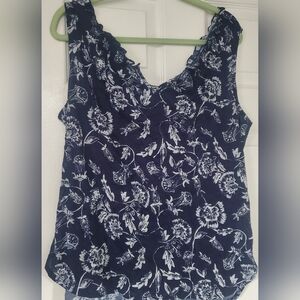 DAISY FUENTES Blouse Lightweight Sleeveless Floral Sheer Navy Blue Women's Large